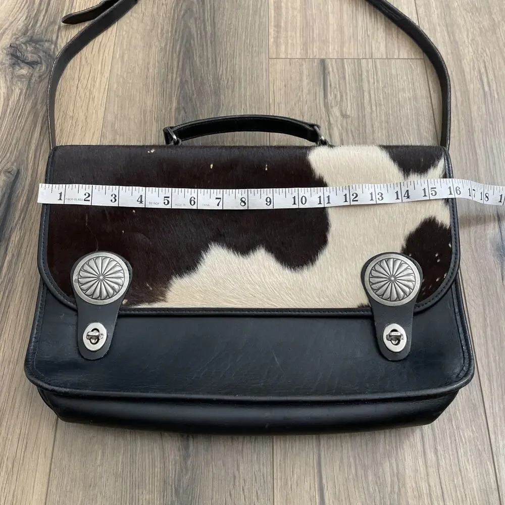 Vintage Leather Crossbody Bag Silver Concho Western Boho Briefcase Calf Hair EUC